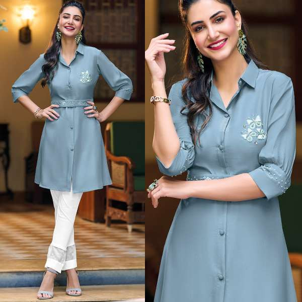 Thread Work Embroidered Chinnon Bluish Grey Kurti