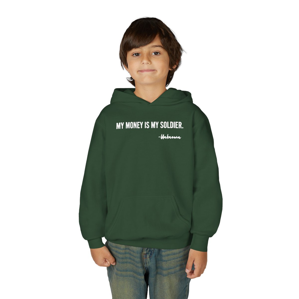 Youth Hoodie — “My Money Is My Soldier” Motivational Quote Sweatshirt