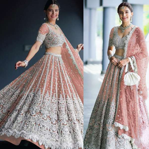 Sequins Embroidered Net Dusty Pink A Line Lehenga for Diwali Party