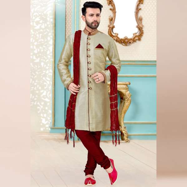 Light Beige Dupion Silk Men Sherwani With Churidar