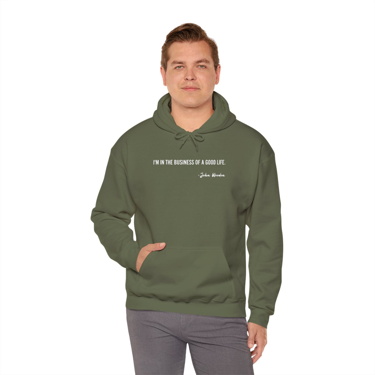 Quote Hoodie — “I’m in the Business of a Good Life” Inspirational Orange Pullover
