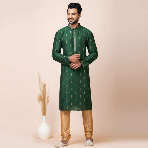 Bottle Green Weaved Zari Silk Men's Kurta With Churidar For Mehndi