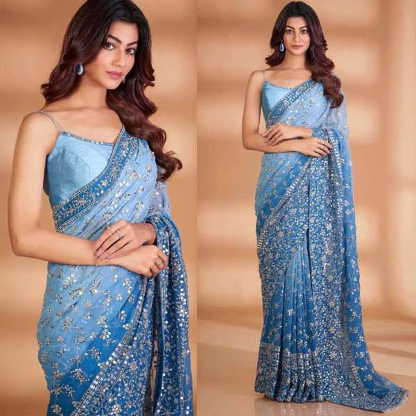 Light Blue Sequins Embroidered Omber Georgette Saree