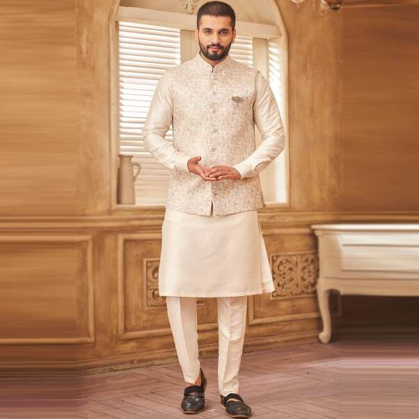 Cream Beige Silk Men's Plain Kurta Pajama With Weaved Jacket