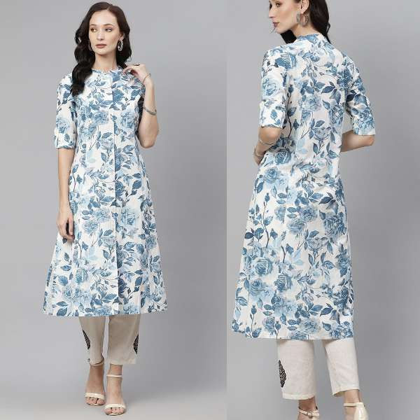 Cotton White Floral Printed A-Line Kurti