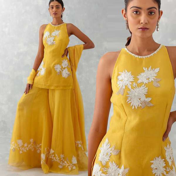Mustard Yellow Dori Embroidered Organza Sharara Suit for Diwali Party